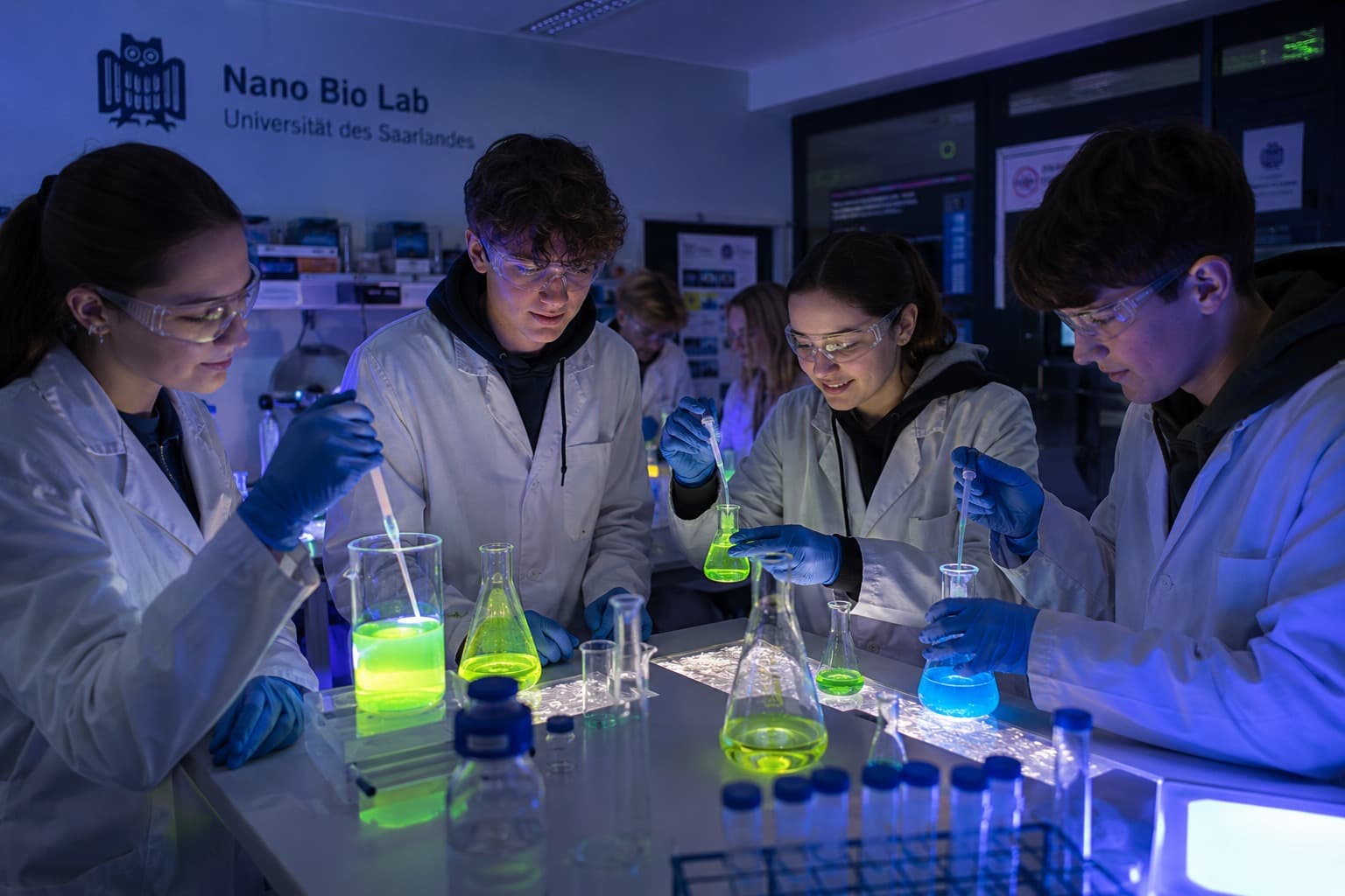 Schüler:innen experimentieren im Nano Bio Lab der Universität des Saarlandes