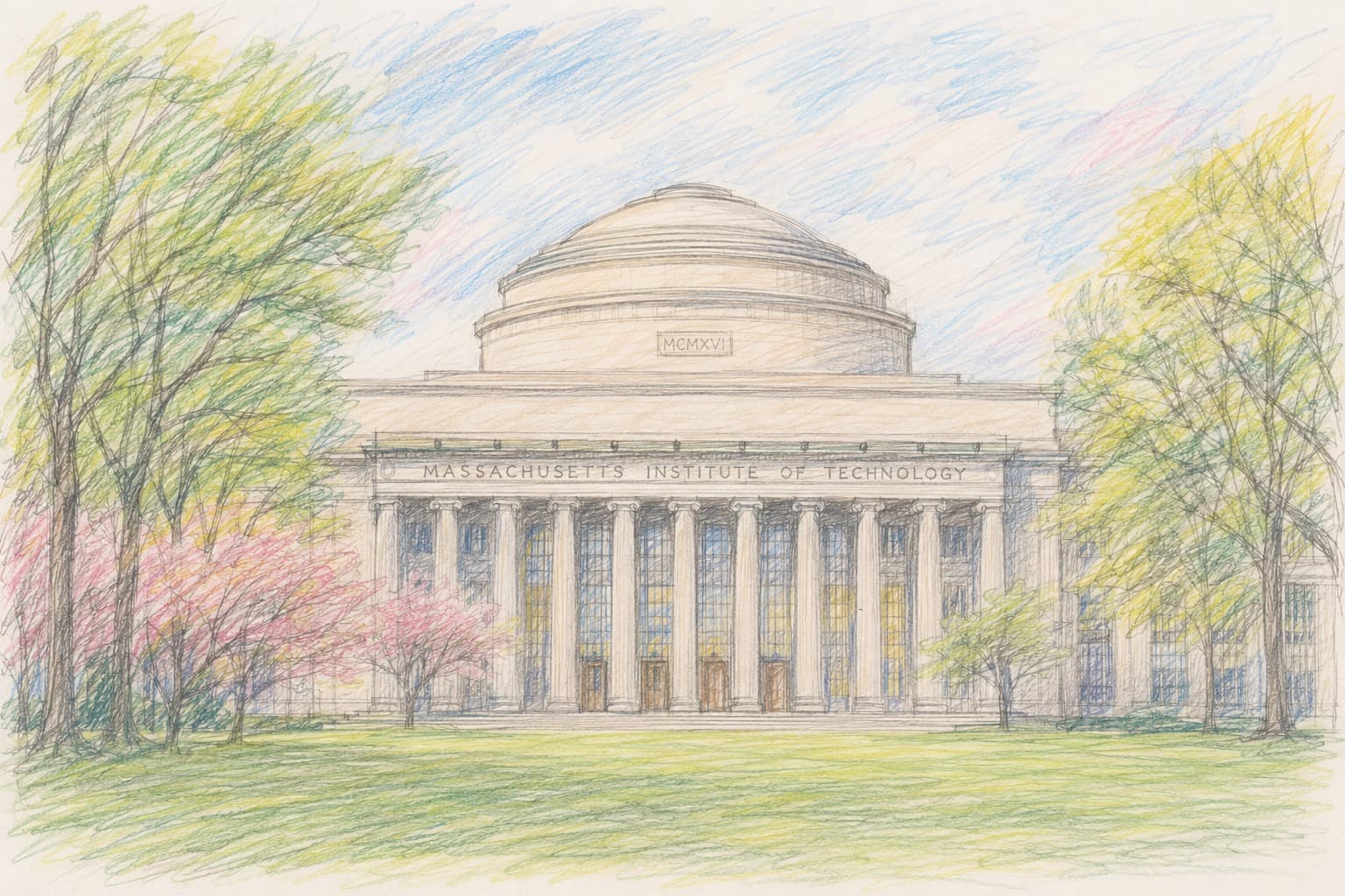Buntstiftzeichnung des Hauptgebäudes mit der Großen Kuppel des Massachusetts Institute of Technology