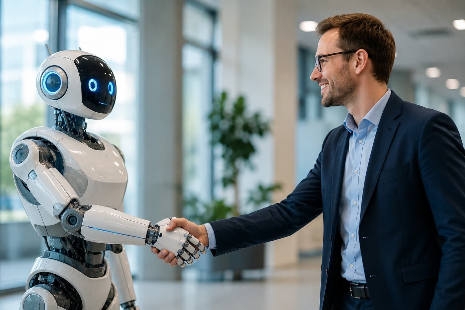 Handschlag zwischen einem Menschen und einem humanoiden Roboter: Technik im Dialog